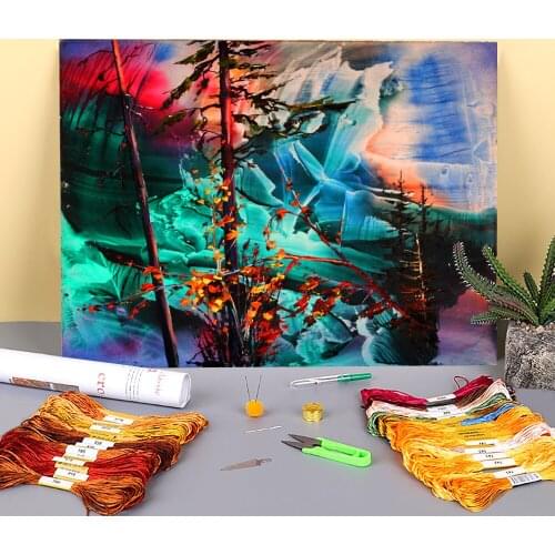 Landscape Coldly Printed Fabric 11CT Cross Stitch Patterns Embroidery DMC Threads Sewing Handicraft Painting Handmade Mulina