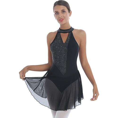 Women Girls Dance Dress Sexy V Neck Backless Rhinestone Ballet Dancewear Figure Skating Skirted Leotard Gymnastics Dresses