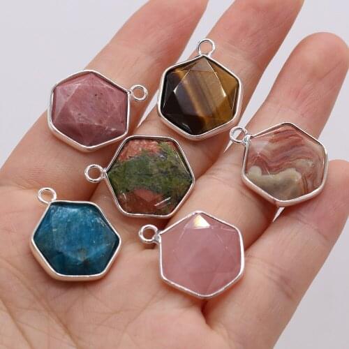 Natural Stone Quartzs Pendants Hexagon Silver plated Tiger Eye Apatite Crystal for Jewelry Making DIY Necklace Earring Gifts