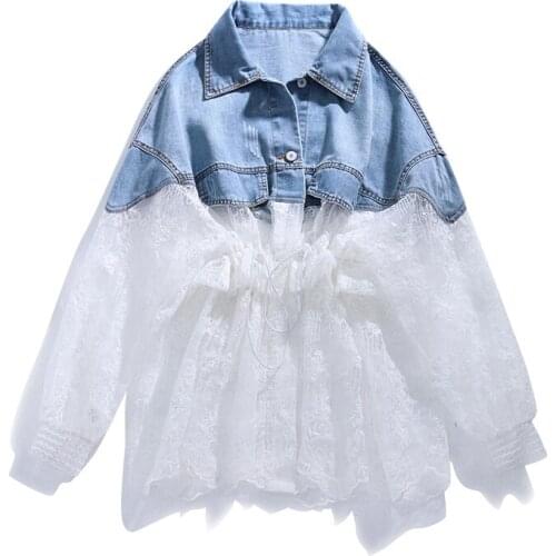 Plus size Womens Chic Hook Flower Hollow out Lace Patchwork Denim jacket Spring Summer Thin Sunscreen coat Frayed Jeans jacket