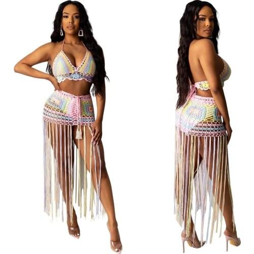 Sexy Summer Two Piece Outfit Set Women Sleeveless Tasse Knitted Beach Dress Hollow Out Fashion Clothing Lace Up Cover Clubwear