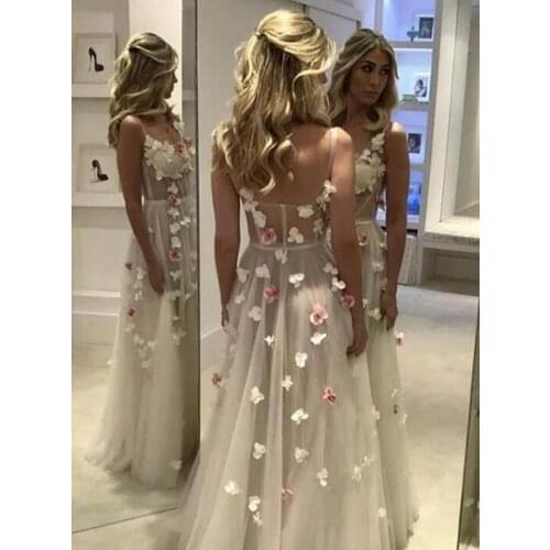 Chic Spaghetti Strap Long Women Prom Dresses 3D Flowers Sweetheart Tulle Evening Gowns Formal Dress robe de soiree