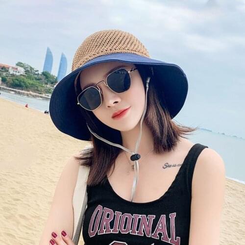 Women Summer Contrast Color Sun Visor Hat Weave Straw Patchwork Sweet Bowknot Wide Brim UV Protection Foldable Beach Cap
