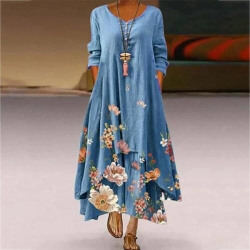 Vintage Half Sleeve Long Dress Women 2021 Summer O-neck Flower Print Sleeveless Plus Size 5XL Pullover Long Party Dresses