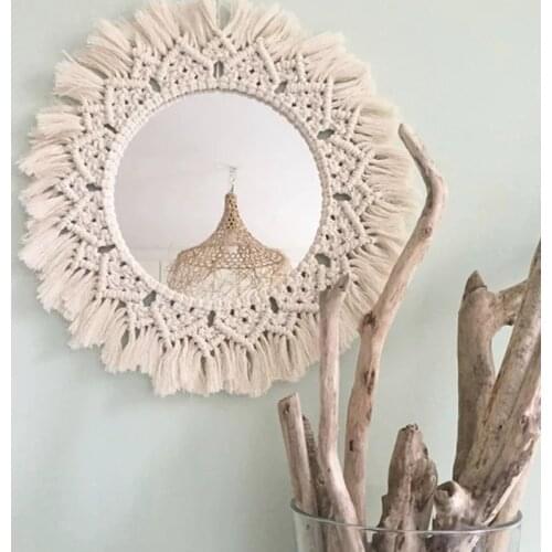 Macrame Mirror Handmade Tapestry Makeup Mirror Compact Bohemia Decoration Home Bedroom Decorative Mirrors Wall Mirror off white