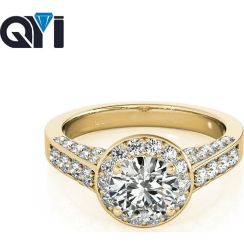 QYI Round Cut Clear Simulated Diamond Ring 14k Yellow gold Halo Engagement Rings For Women