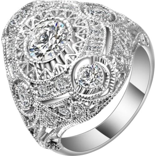 Hyperbolic White Cubic Zirconia Female Flower Ring Silver Color Luxury Micro Pave Big Wedding Bands Finger Ring For Women Gift