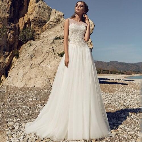 Simple Sheer Straps Wedding Dresses 2021 Luxury A-Line Appliques Backless Lace Flowers Bursh Train Sleeveless Vestido De Novia