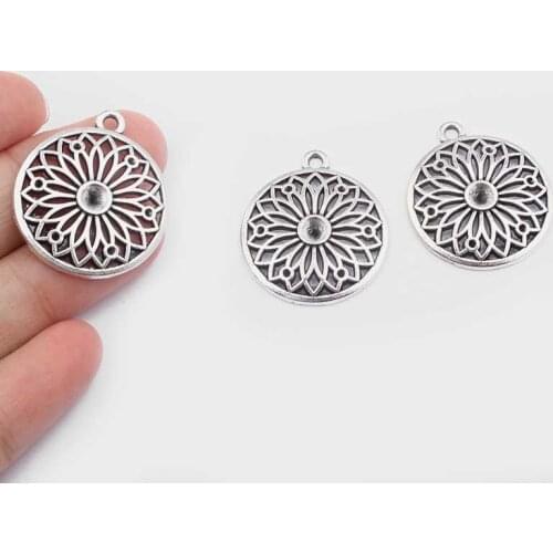 10pcs Tibetan Silver Hollow Open Flower Round Charms Pendant For DIY Bracelet Necklace Jewelry Findings Making 24*27mm