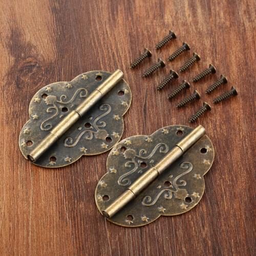 2Pcs Antique Bronze Oval Hinges+12 screws 6 Holes Iron Hardware Old Chinese Pattern Jewelry Wood Box Door Drawer Decor 69*53mm
