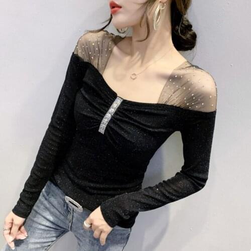 #5543 Black Green Spliced Stretch Mesh T Shirt Women Slash Neck Sexy Club Tight T-shirt Female Shinny Tee Shirt Vogue Pearls