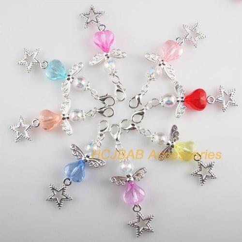 8 New 21.5x33mm Angel Charms Mixed Heart Acrylic Silver Plated Star Retro With Lobster Claw Clasps