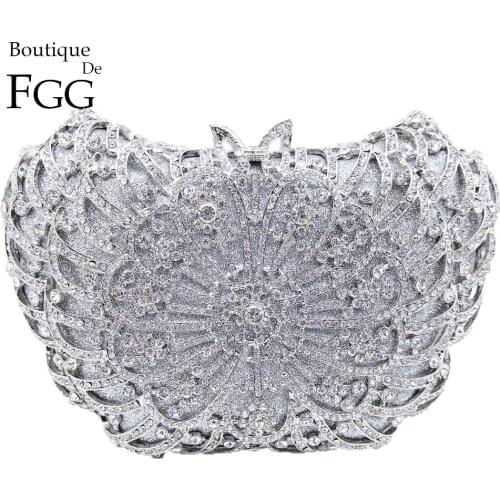 Boutique De FGG Hollow Out Flower Women Crystal Evening Clutch Minaudiere Handbags Designer Hard Case Ladies Party Diamond Bag