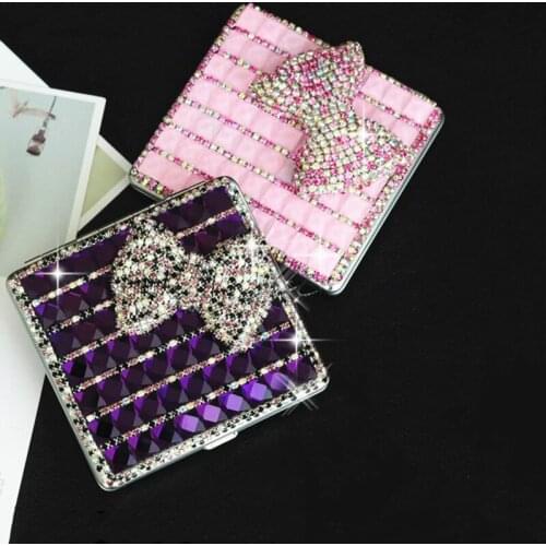 Big Bow Rhinestone Cigarette Case Diamond Metal PU Leather Smokes Holder 20 Sticks Portable Protective Storage Box Ladies Gifts
