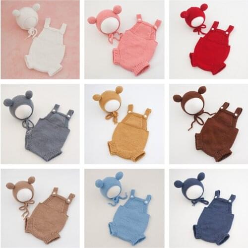 Newborn Baby Photography Prop Clothes Infant Boys Girls Wool Knitted Rompers Solid ​Jumpsuit 2PCS/Lots Hat+Sleeveless Clothing