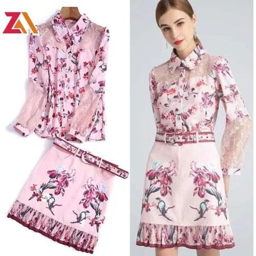 ZALady designer pink womens set suit elegant lace long sleeve blouses tops and mini skirts elegant chic two piece set outfits