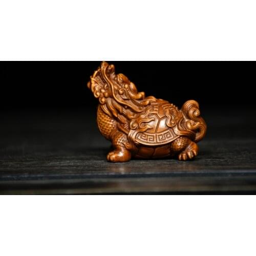 Home Decor 3" China Lucky Seikos Boxwood Dragon turtle statue Rammus Dragon head turtle body Town House Exorcism Statuette