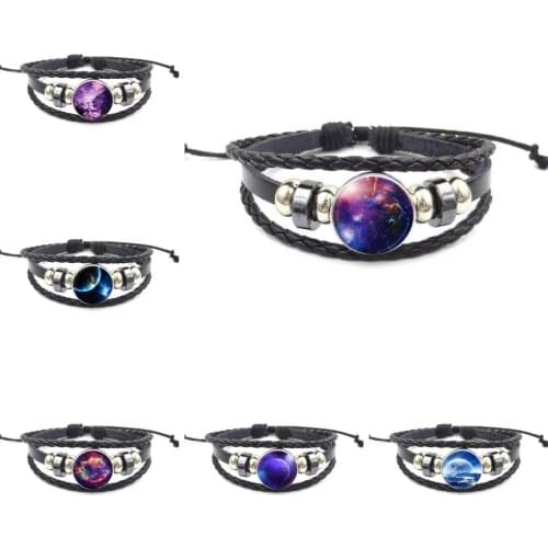 EJ Glaze For Girls Gifts Purple Nebula Space Universe Black Leather Bracelet Bangle With Glass Cabochon Jewelry