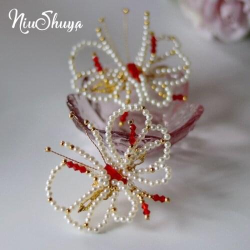 NiuShuya Elegant Pearl Hair Clips For Women Girls Butterfly Stick Hairpin Handmade Vintage Hanfu Headdress Hair Accessories
