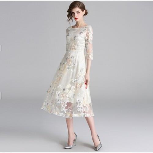 French Elegant Women 2021 Fashion Summer O Neck Three Quarter Sleeve High Waist Floral Mesh Embroidery Slim Party Dresses