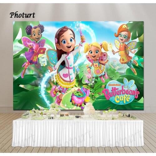 PHOTURT Butterbean Cafe Backdrop Girl Birthday Party Background Butterflies Wings Green Polyester Vinyl Photo Studios Props
