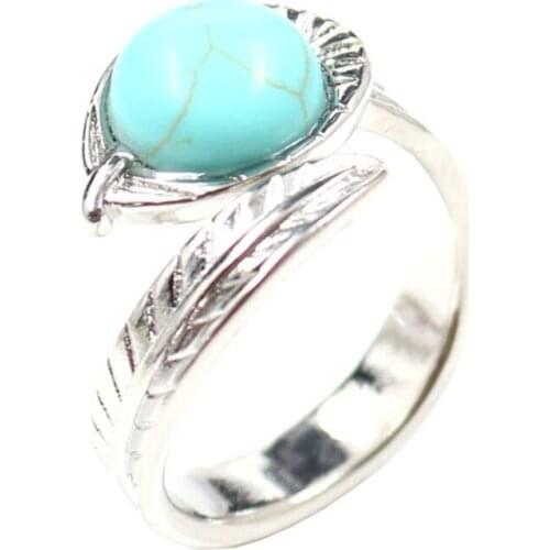 FYJS Unique Silver Plated Leaf Green Turquoises Stone Resizable Open Ring Lapis Lazuli Jewelry