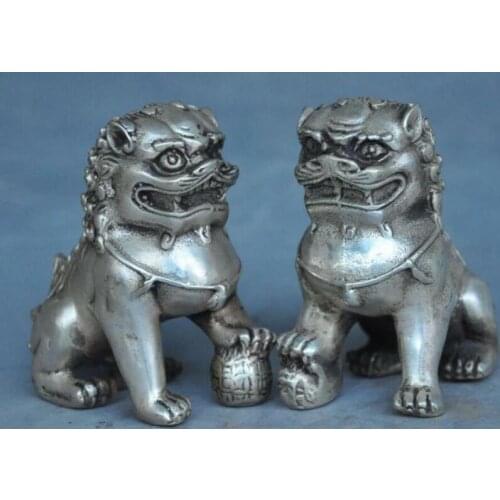 China silver fengshui Auspicious wealth foo dog lion Guardian beast statue