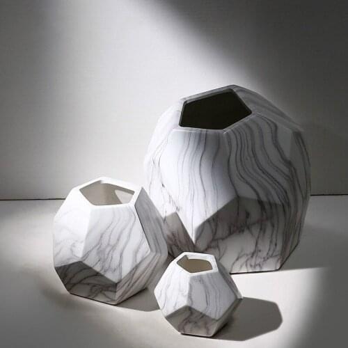 Creative Flat Grid Marbled Ceramic Vase Simple Geometric White Flower Arrangement Home Club Soft Decoration