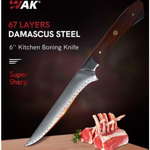 WAK Professional Boning Knife Damascus Stainless Steel Butcher Knife for Meat Bone Fish Fruit Vegetable Rosewood Handle Knife