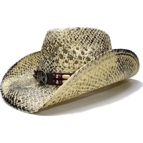 LUCKYLIANJI Black Womens Mens Summer Straw Beach Wide Brim Cowboy Western Cowgirl Hat Hollow Star Sign Leather Band(Adjusted)