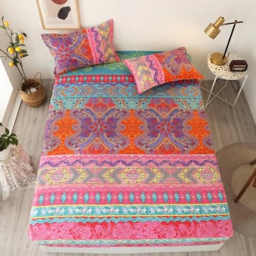 Bonenjoy 3 pcs Bed Sheet with Pillowcase Queen Size Bohemian Fitted Sheet with Elastic Single/King Size Bed Sheets Set
