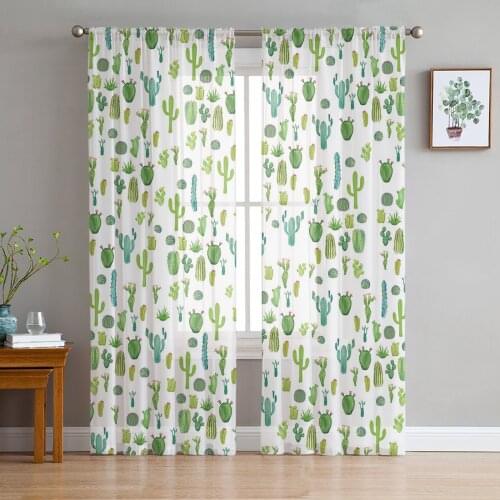 Nordic Cactus Green White Print Sheer Window Panel Curtains Room for Living Room Bedroom Kitchen Room Chiffon Tulle Curtains