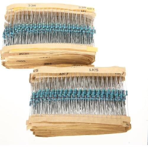 New 2000Pcs Metal Film Resistor 100 Values 1 Ohm-1M Ohm 1/4 Watt Metal Film Resistors Resistance Assortment Set