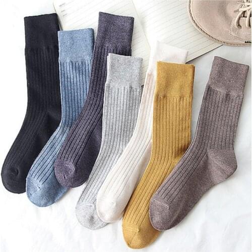 Japanese Style Solid Color Womens Socks Cotton Knitting Harajuku Retro Long Socks Casual Breathable Black White Gray Crew Socks