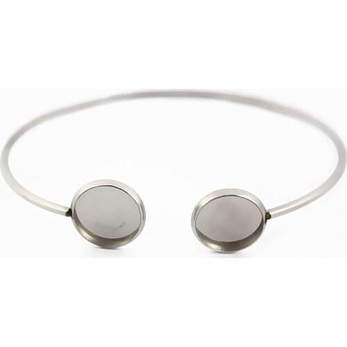 Stainless Steel Open Cuff Bangle Bracelet Bases Blanks with Double 12mm Round Smooth Bezel Resin Cabochon Findings DIY Womens