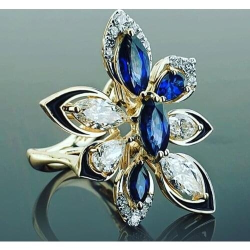 JK Luxury Gold Color Flower Design Wedding Women Ring Hollow Out Double Layer White & Blue Cubic Zirconia Noble Female Rings