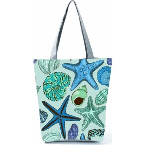 Starfish Printed Handbag Women Large Capacity Reusable Green Shopping Bag Outdoor Travel Beach Shoulder Bag Can Custom Pattern