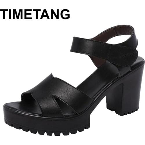 TIMETANG2019 New Women Leather Sandals Platform Hook & Loop High Heels Sandals Peep Toe Summer Woman Shoes Plus Size 35-43E1255