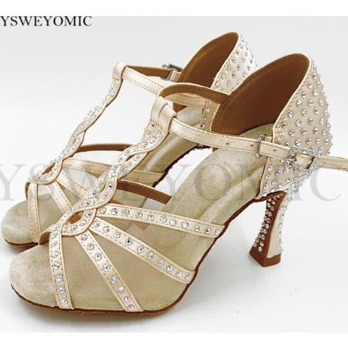Latin Dance Shoes Satin Rhinestone Professional Dance Shoes Customizable Colors Salsa Dance Shoes With Crystal Outsole