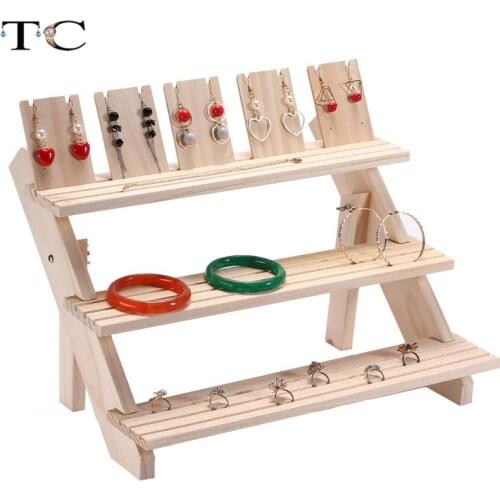 Vertical Jewelry Display Stand Solid Wood Ladder Table Top Doll Earrings Stud Ring Jewelry Storage Rack