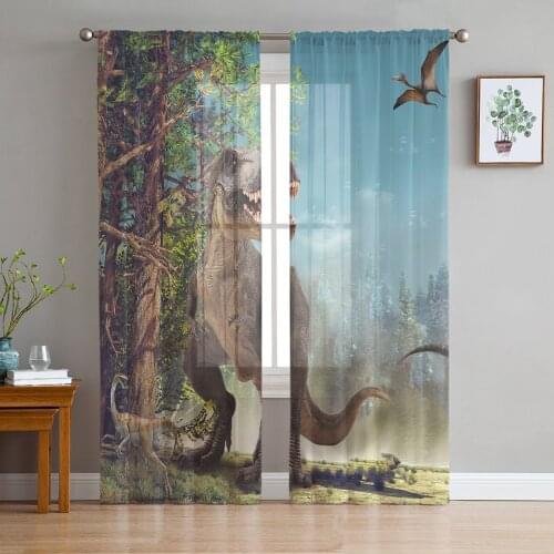 3D Dinosaur Primeval Forest Gauze Curtains For Childrens Bedroom Kitchen Screen For Living Room Holiday Decor Voile Curtain