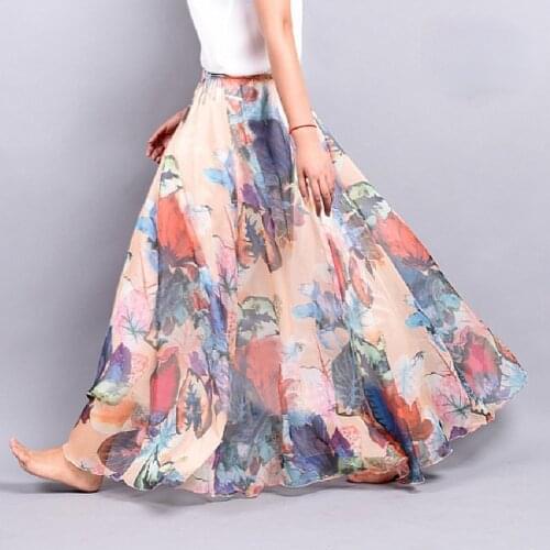 Multicolor Floral Long Skirts Womens 2021 Summer New Elastic Waist Printed Skirt Mid-length Elegant Pleated Skirt