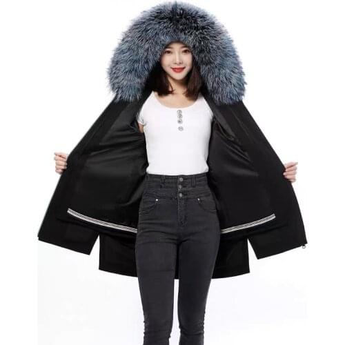 Rex Rabbit Fur Liner Loose Parka Jacket Letter Printing Long Parka Female Large Real Fur Collar Winter Warm Fur Coat 2021 New