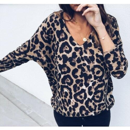 Leopard PrintWomens Autumn Long Sleeve V Neck Pullover Tops T Shirt Casual Stretch Loose V neck Tee
