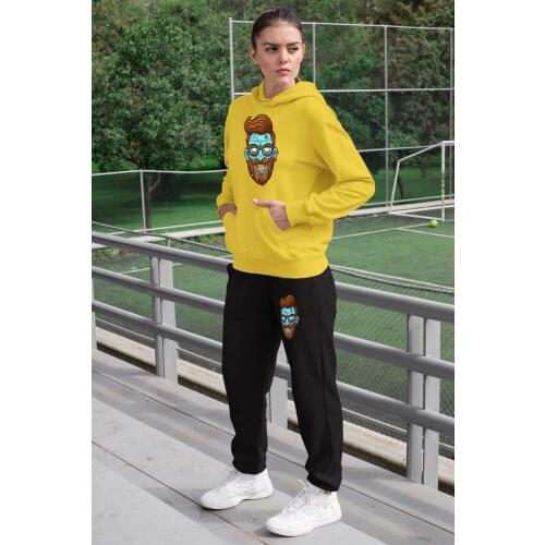 Angemiel Wear Entel Glasses Zombie Women Tracksuit Set Yellow Hooded Sweatshirt Black Sweatpants