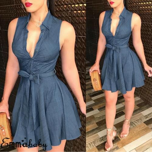 New Fashion Women Bandage OL Pleated Brief Sexy Cool Sleeveless Denim Blue Deep V Neck Button Dress Party Short Mini Dress