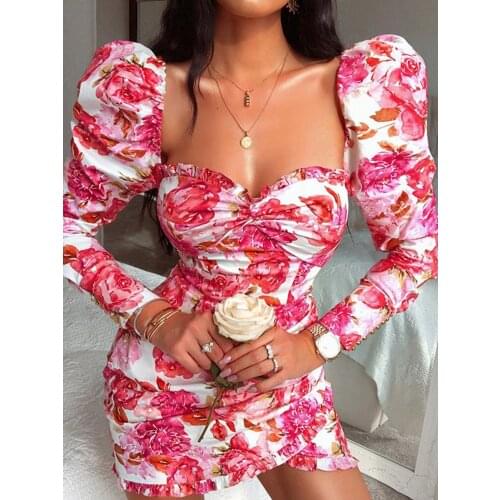 Women Evening Party Flower Elegant Dress Puff Sleeve Square Neck Vintage Dresses Long Sleeve Bodycon Sexy Club Mini Dress