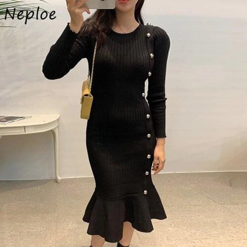 Neploe Korean Chic Solid Color Vestidos French Round Neck Knit Dresses Slim Long Sleeve Robe High Waist Bodycon Dress Women