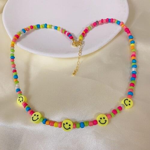 5PCS, Smiley Face Necklace Rainbow Glass Beads Happy Face Choker Colorful Beaded Necklace Woman Girl Jewelry