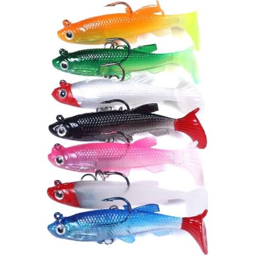 7pcs 12g Soft bait Silicone Swimbaits Artificial Bionics Fish Wobblers shad Bass pike Carp Fishing Lure jig head 3D eyes T Tail